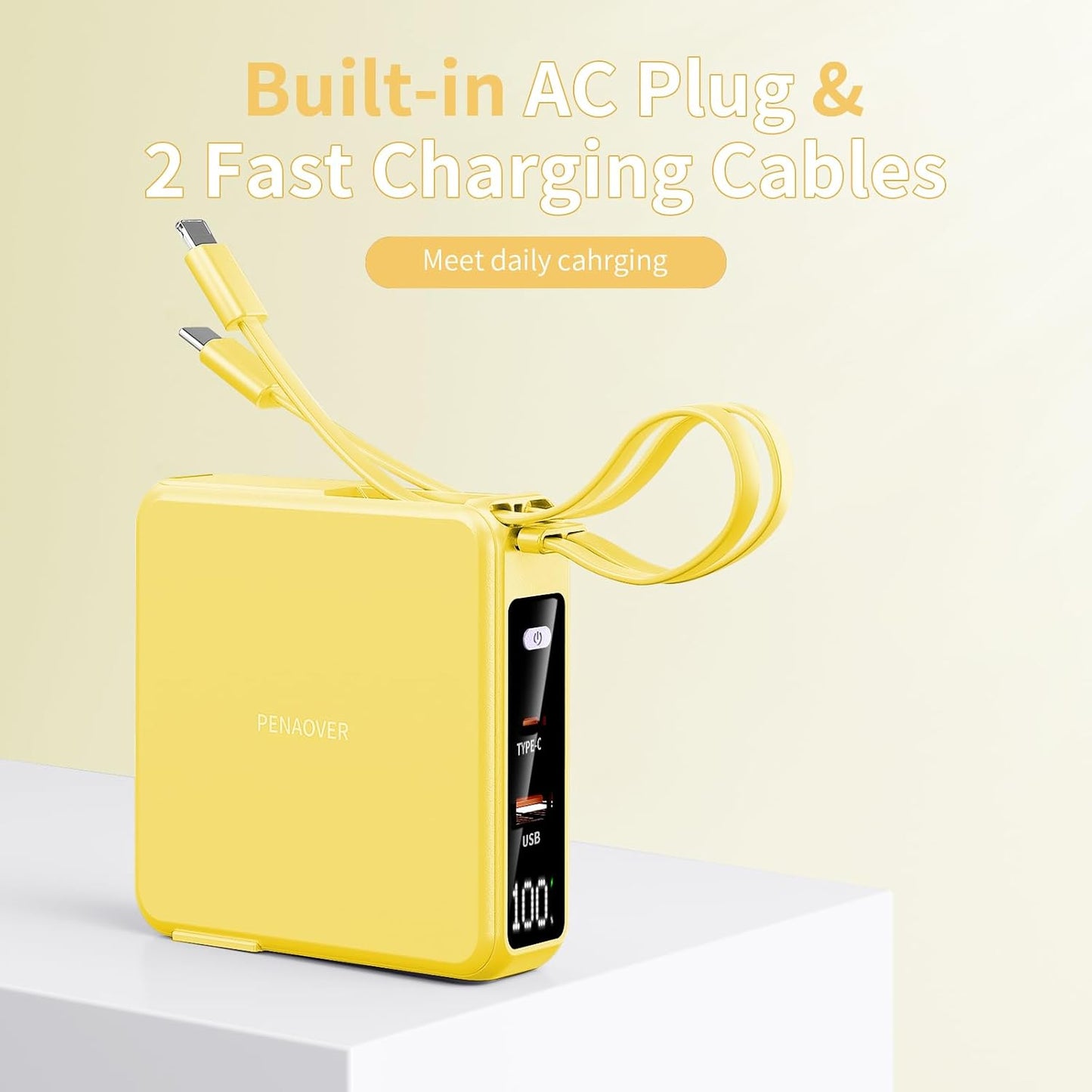 Wireless Charging Portable Charger with Built-in Cables & AC Wall Plug, 10000mAh Power Bank with LED light, PD 22.5W Fast Charging Travel Portable Charger for iPhone, Samsung, Android(No-Magnetic)
