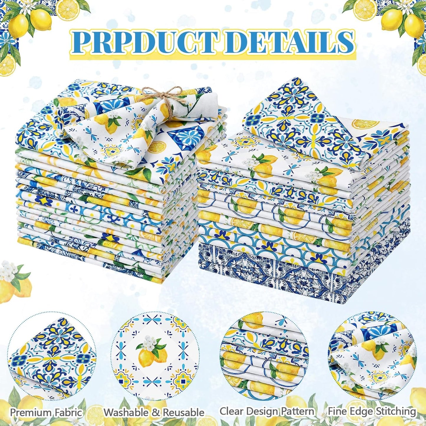 36 Pack Lemon Theme Cloth Napkins 15"x15" Reusable Washable Yellow Lemon Dinner Napkins for Summer Amalfi Coast Party Mediterranean Table Decor