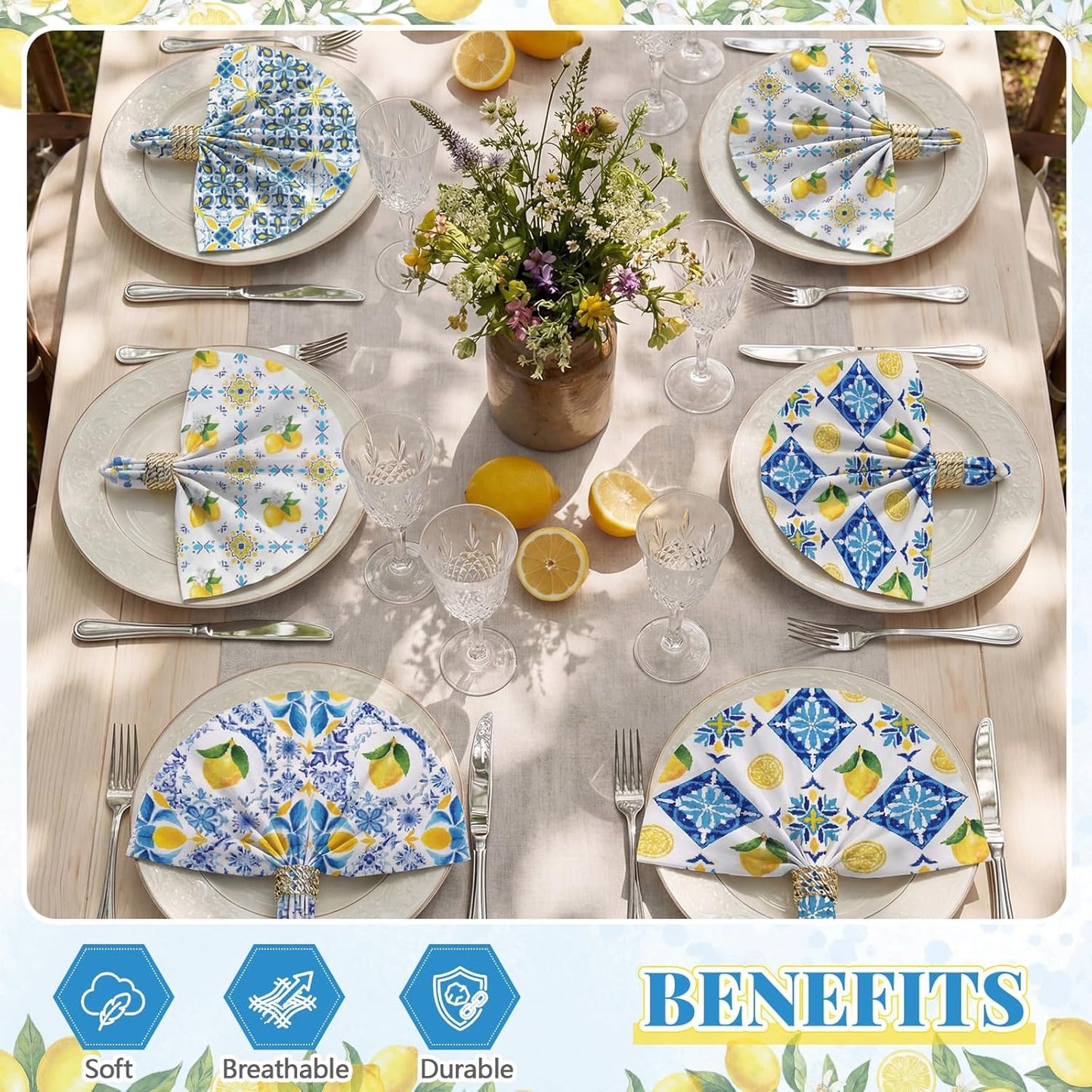 36 Pack Lemon Theme Cloth Napkins 15"x15" Reusable Washable Yellow Lemon Dinner Napkins for Summer Amalfi Coast Party Mediterranean Table Decor