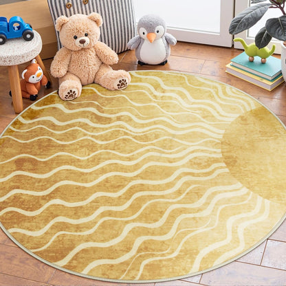 Sun Round Rug 4ft, Boho Soft Circle Rug for Kids Playroom Nursery, Gradient Yellow Washable Round Carpet for Bedroom Non-Slip Circle Carpet for Living Room Classroom