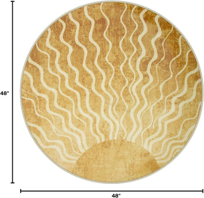 Sun Round Rug 4ft, Boho Soft Circle Rug for Kids Playroom Nursery, Gradient Yellow Washable Round Carpet for Bedroom Non-Slip Circle Carpet for Living Room Classroom