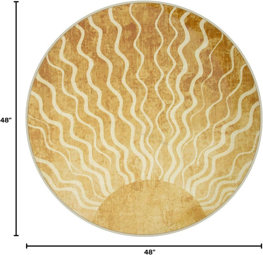 Sun Round Rug 4ft, Boho Soft Circle Rug for Kids Playroom Nursery, Gradient Yellow Washable Round Carpet for Bedroom Non-Slip Circle Carpet for Living Room Classroom