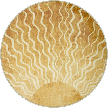 Sun Round Rug 4ft, Boho Soft Circle Rug for Kids Playroom Nursery, Gradient Yellow Washable Round Carpet for Bedroom Non-Slip Circle Carpet for Living Room Classroom