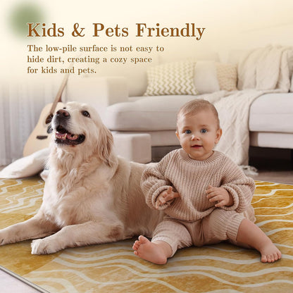 Sun Round Rug 4ft, Boho Soft Circle Rug for Kids Playroom Nursery, Gradient Yellow Washable Round Carpet for Bedroom Non-Slip Circle Carpet for Living Room Classroom