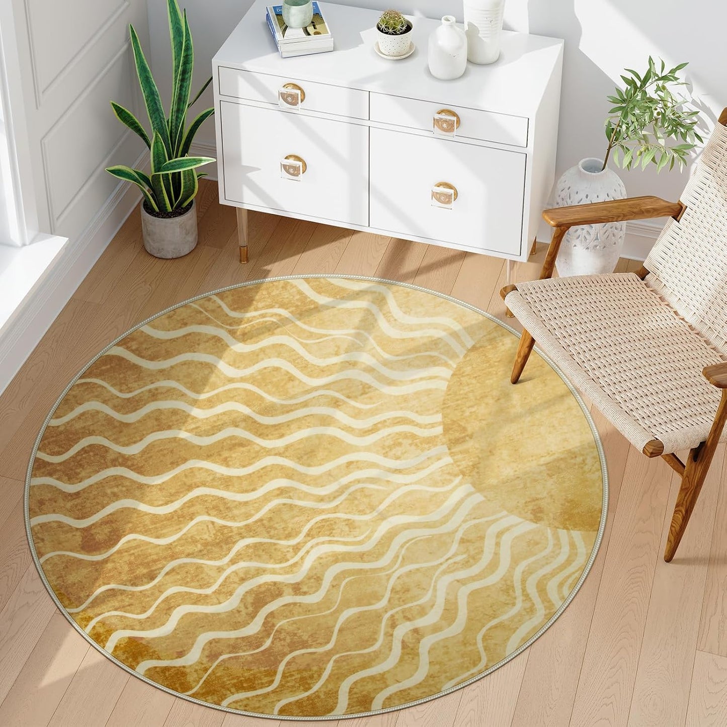 Sun Round Rug 4ft, Boho Soft Circle Rug for Kids Playroom Nursery, Gradient Yellow Washable Round Carpet for Bedroom Non-Slip Circle Carpet for Living Room Classroom