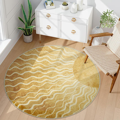 Sun Round Rug 4ft, Boho Soft Circle Rug for Kids Playroom Nursery, Gradient Yellow Washable Round Carpet for Bedroom Non-Slip Circle Carpet for Living Room Classroom