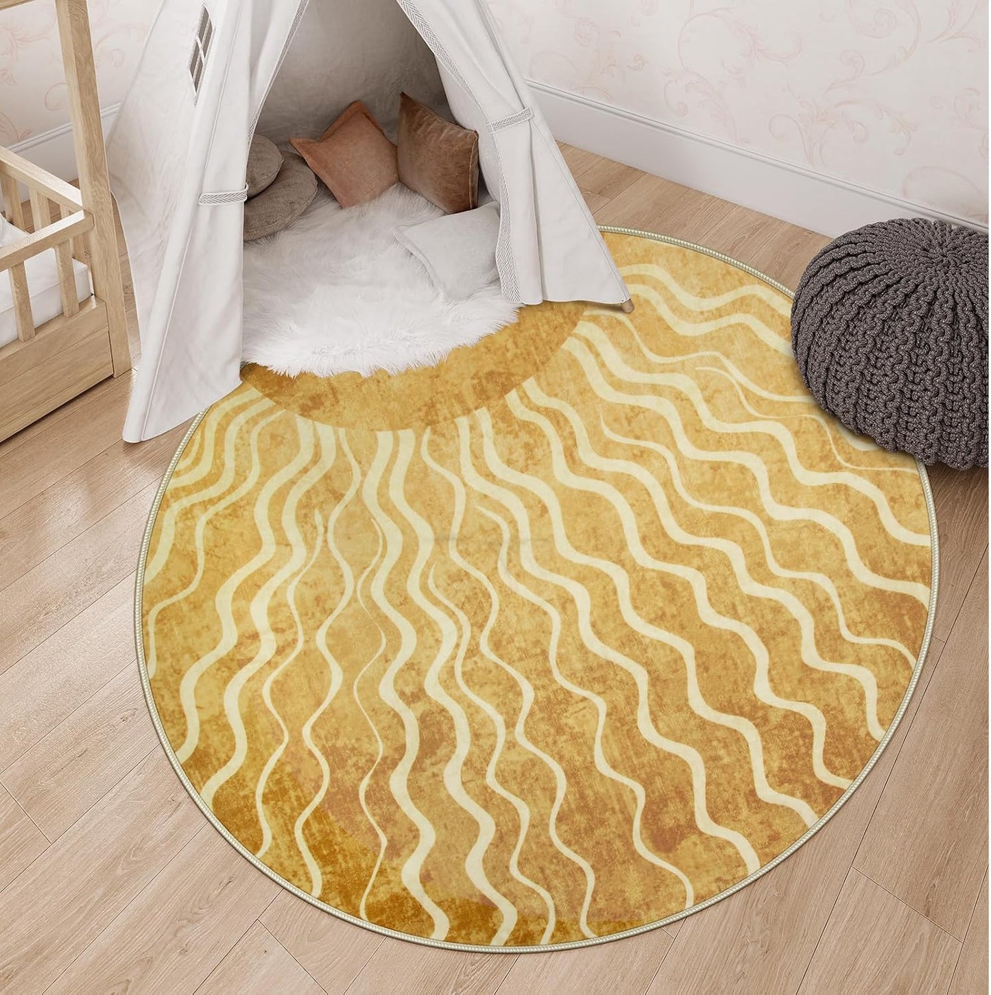 Sun Round Rug 4ft, Boho Soft Circle Rug for Kids Playroom Nursery, Gradient Yellow Washable Round Carpet for Bedroom Non-Slip Circle Carpet for Living Room Classroom