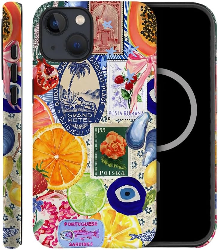 Case Compatible with iPhone 14,Compatible with MagSafe,Fall Prevention Hybrid 2-Layer Hard Shell Cases for Girls Boys,Bow European Summer Lemon Collage