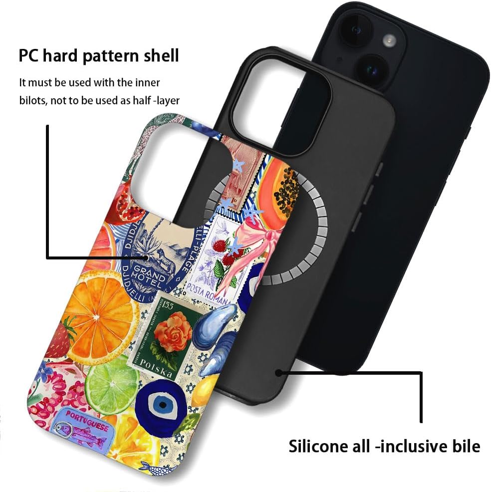 Case Compatible with iPhone 14,Compatible with MagSafe,Fall Prevention Hybrid 2-Layer Hard Shell Cases for Girls Boys,Bow European Summer Lemon Collage