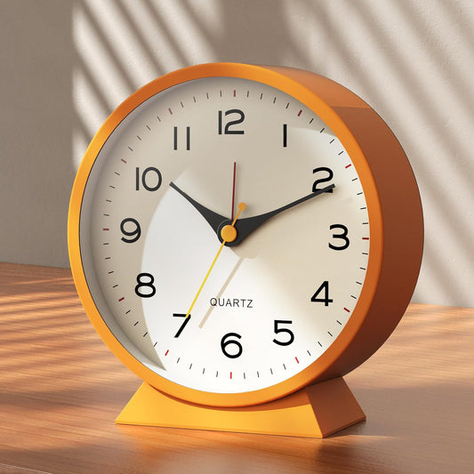 ® 4.5" Analog Alarm Clock,Small Retro Desk Clock Battery Operated,Silent Metal Table Clock with Light for Living Room Decor,Bedroom,Bedside,Shelf (Orange-Yellow)