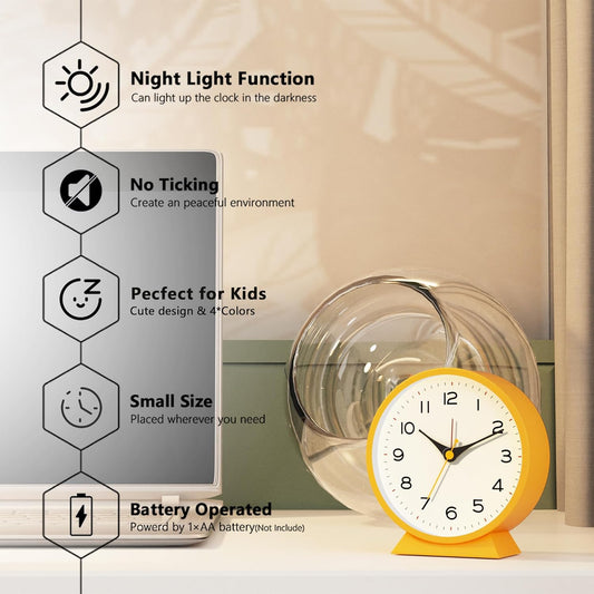 ® 4.5" Analog Alarm Clock,Small Retro Desk Clock Battery Operated,Silent Metal Table Clock with Light for Living Room Decor,Bedroom,Bedside,Shelf (Orange-Yellow)