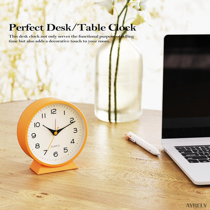 ® 4.5" Analog Alarm Clock,Small Retro Desk Clock Battery Operated,Silent Metal Table Clock with Light for Living Room Decor,Bedroom,Bedside,Shelf (Orange-Yellow)