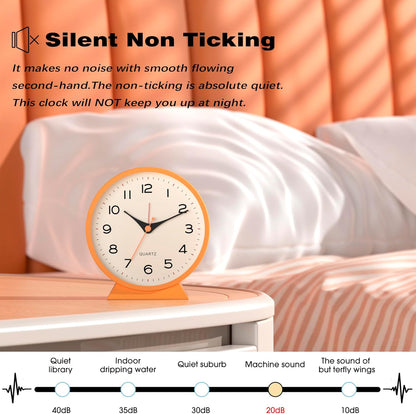 ® 4.5" Analog Alarm Clock,Small Retro Desk Clock Battery Operated,Silent Metal Table Clock with Light for Living Room Decor,Bedroom,Bedside,Shelf (Orange-Yellow)