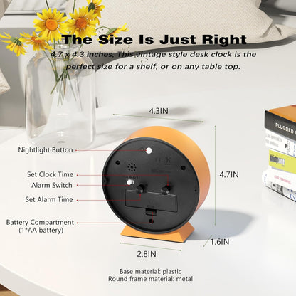® 4.5" Analog Alarm Clock,Small Retro Desk Clock Battery Operated,Silent Metal Table Clock with Light for Living Room Decor,Bedroom,Bedside,Shelf (Orange-Yellow)