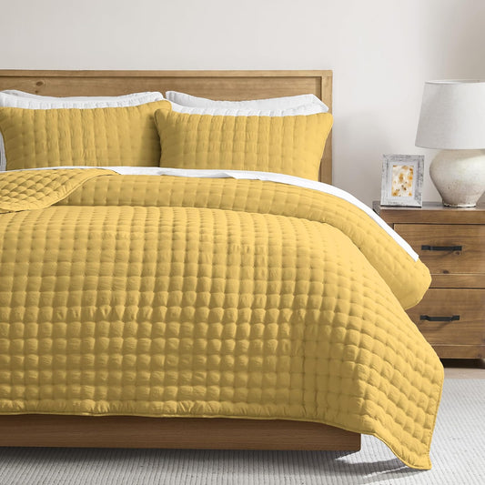 Queen Size Quilts Bedding Sets with 2 Pillow Shams, Lightweight Soft Bedspread Coverlet, Quilted Blanket Thin Comforter Bed Cover for All Season, 3 Pieces, 90x90 inches, Yellow
