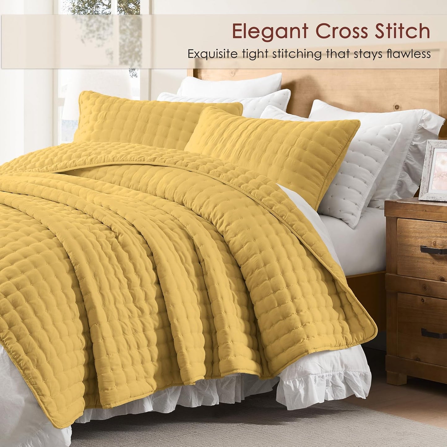 Queen Size Quilts Bedding Sets with 2 Pillow Shams, Lightweight Soft Bedspread Coverlet, Quilted Blanket Thin Comforter Bed Cover for All Season, 3 Pieces, 90x90 inches, Yellow
