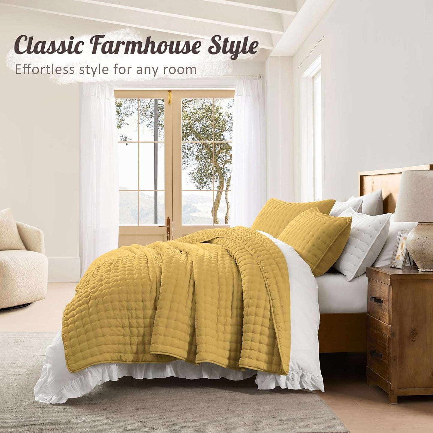 Queen Size Quilts Bedding Sets with 2 Pillow Shams, Lightweight Soft Bedspread Coverlet, Quilted Blanket Thin Comforter Bed Cover for All Season, 3 Pieces, 90x90 inches, Yellow