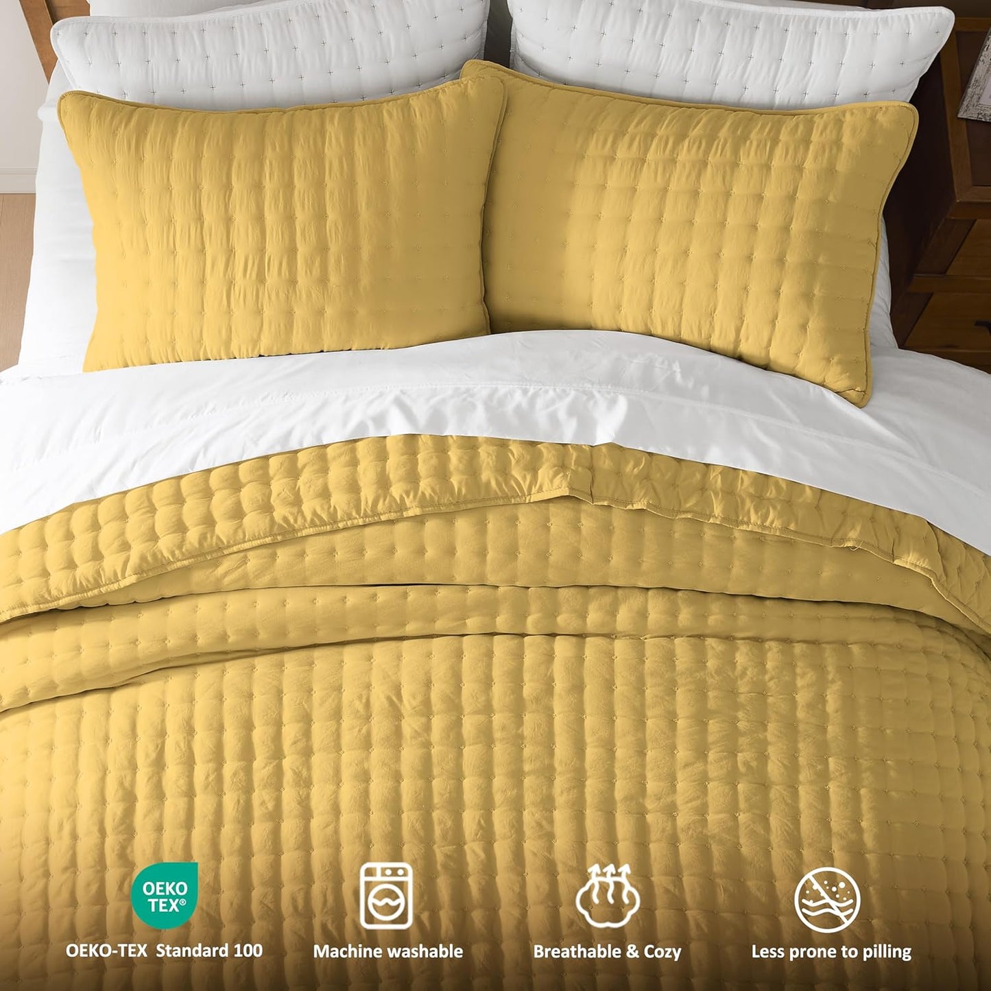 Queen Size Quilts Bedding Sets with 2 Pillow Shams, Lightweight Soft Bedspread Coverlet, Quilted Blanket Thin Comforter Bed Cover for All Season, 3 Pieces, 90x90 inches, Yellow