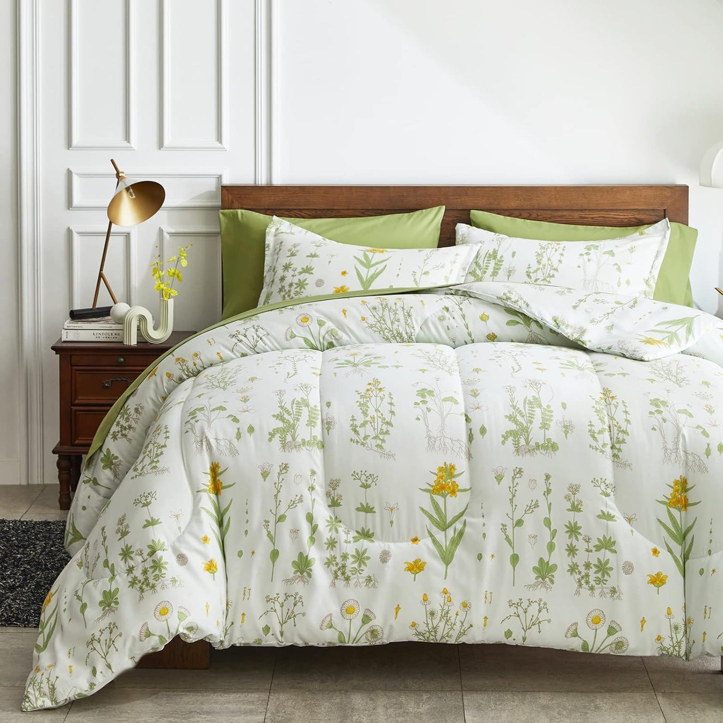 7 Piece Botanical Bed in a Bag Queen, Green Leaves Yellow Flower on Green Tint, Smooth Soft Microfiber Comforter Sheet Set for All Season