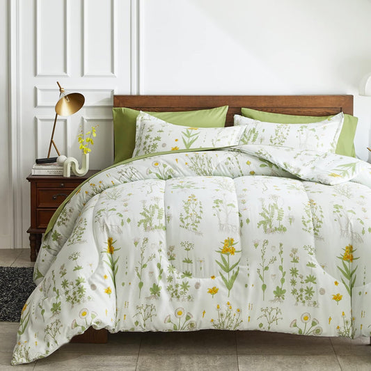 7 Piece Botanical Bed in a Bag Queen, Green Leaves Yellow Flower on Green Tint, Smooth Soft Microfiber Comforter Sheet Set for All Season