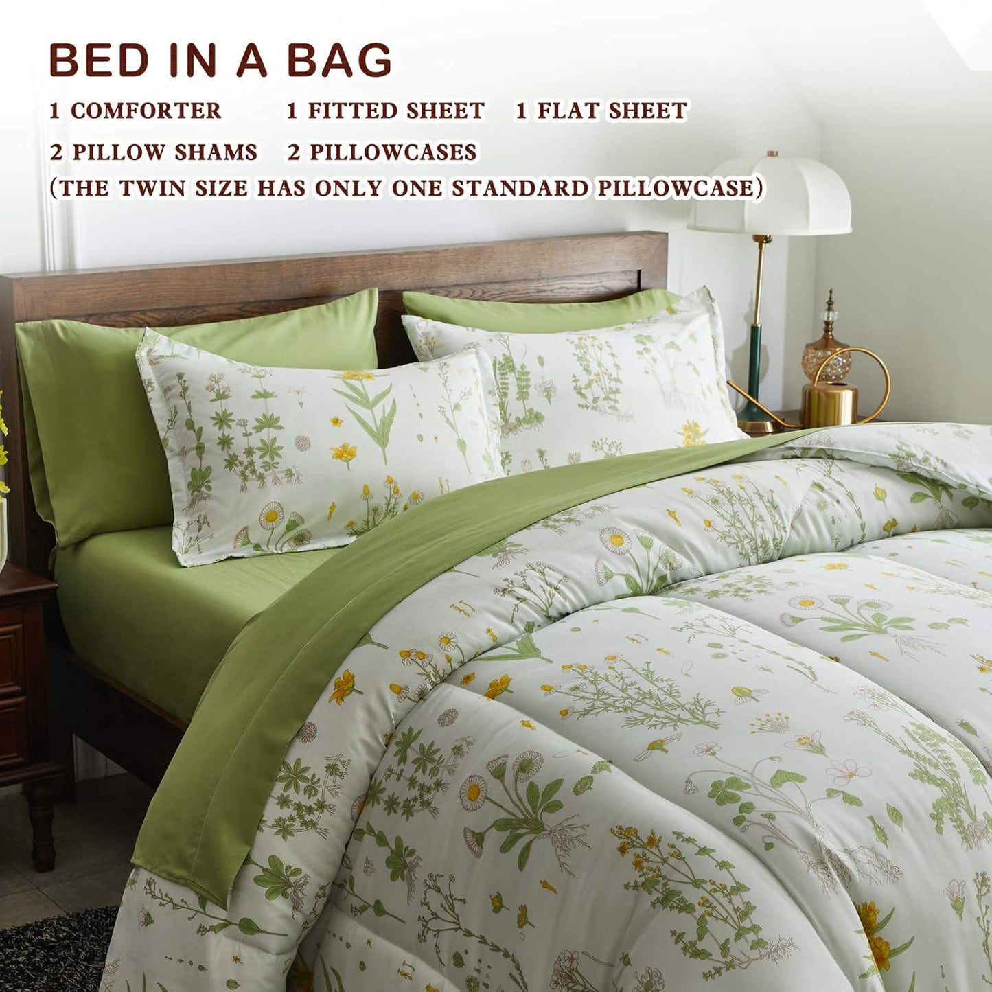 7 Piece Botanical Bed in a Bag Queen, Green Leaves Yellow Flower on Green Tint, Smooth Soft Microfiber Comforter Sheet Set for All Season