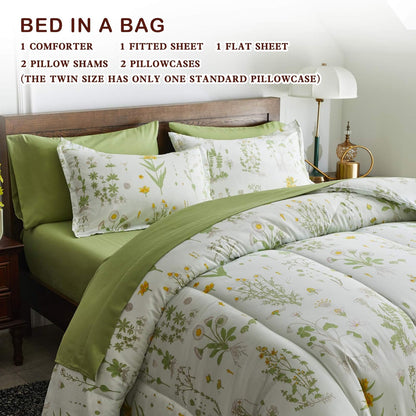 7 Piece Botanical Bed in a Bag Queen, Green Leaves Yellow Flower on Green Tint, Smooth Soft Microfiber Comforter Sheet Set for All Season