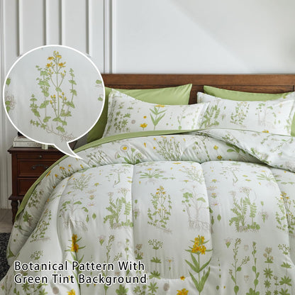 7 Piece Botanical Bed in a Bag Queen, Green Leaves Yellow Flower on Green Tint, Smooth Soft Microfiber Comforter Sheet Set for All Season