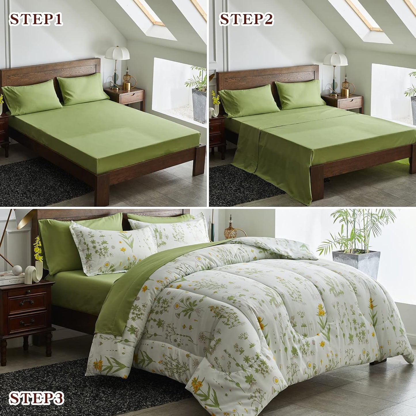 7 Piece Botanical Bed in a Bag Queen, Green Leaves Yellow Flower on Green Tint, Smooth Soft Microfiber Comforter Sheet Set for All Season