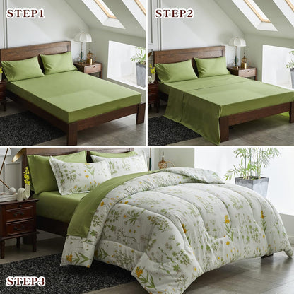 7 Piece Botanical Bed in a Bag Queen, Green Leaves Yellow Flower on Green Tint, Smooth Soft Microfiber Comforter Sheet Set for All Season