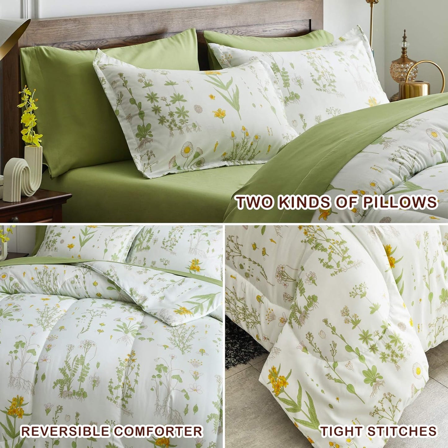 7 Piece Botanical Bed in a Bag Queen, Green Leaves Yellow Flower on Green Tint, Smooth Soft Microfiber Comforter Sheet Set for All Season