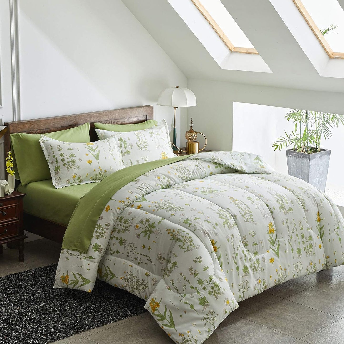 7 Piece Botanical Bed in a Bag Queen, Green Leaves Yellow Flower on Green Tint, Smooth Soft Microfiber Comforter Sheet Set for All Season