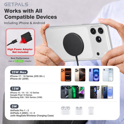 25W Magnetic Portable Fast Wireless Charging Pad for Apple iPhone Series | Compatible with iPhone 17 16 15 14 13 12 Pro Max, Google Pixel, Flat Slim for Travel Office Bedside, Light Yellow - 2Pack
