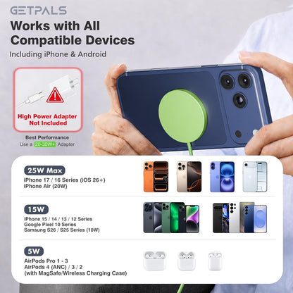 25W Magnetic Portable Fast Wireless Charging Pad for Apple iPhone Series | Compatible with iPhone 17 16 15 14 13 12 Pro Max, Google Pixel, Flat Slim for Travel Office Bedside, Light Yellow - 2Pack