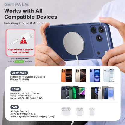 25W Magnetic Portable Fast Wireless Charging Pad for Apple iPhone Series | Compatible with iPhone 17 16 15 14 13 12 Pro Max, Google Pixel, Flat Slim for Travel Office Bedside, Light Yellow - 2Pack