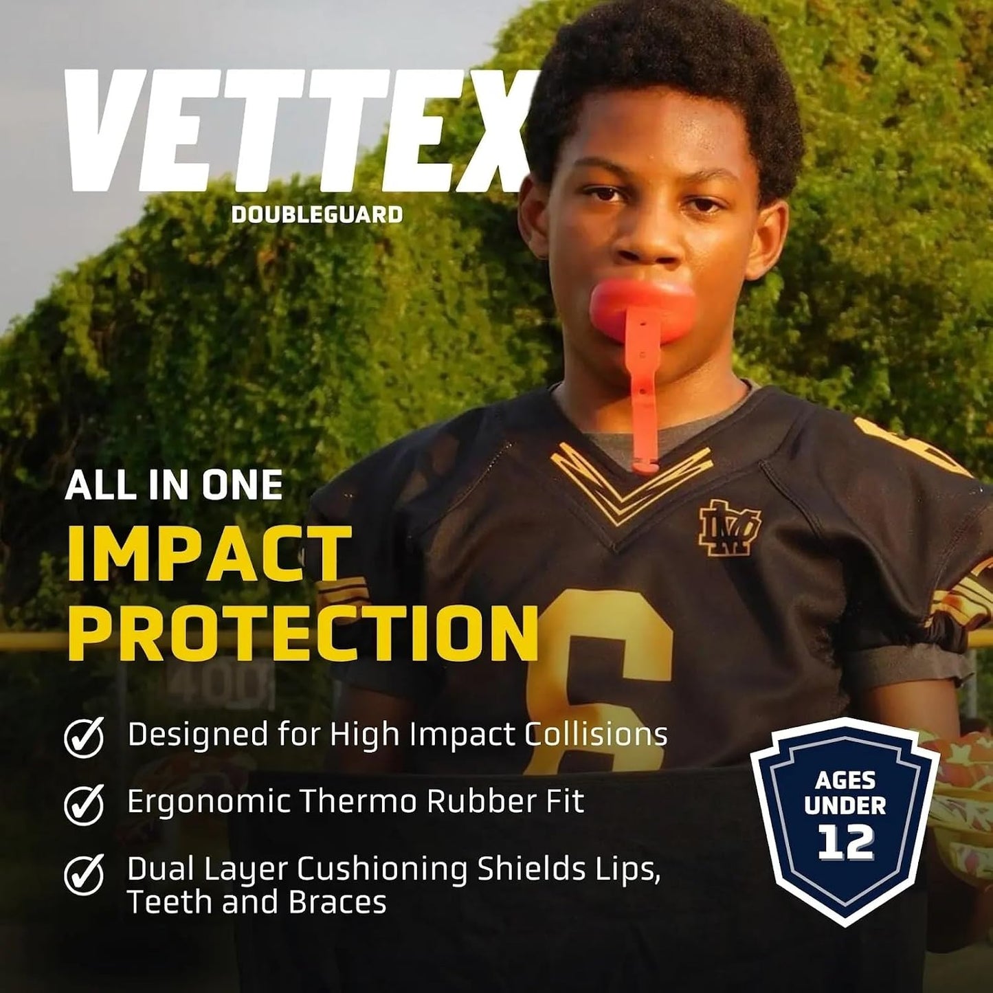 DoubleGuard Youth Mouth Guard with Lip Protection, Yellow | Football, Lacrosse, MMA, Boxing, Adjustable Helmet Strap, Braces Friendly, 2 Breathing Channels, NCAA & NFHS Certified