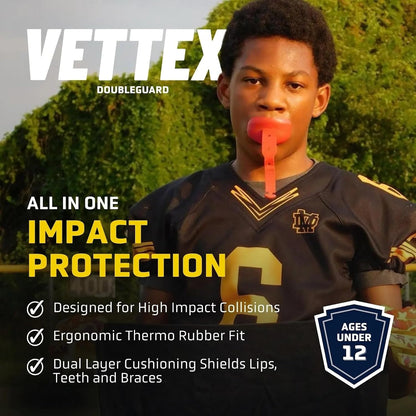DoubleGuard Youth Mouth Guard with Lip Protection, Yellow | Football, Lacrosse, MMA, Boxing, Adjustable Helmet Strap, Braces Friendly, 2 Breathing Channels, NCAA & NFHS Certified