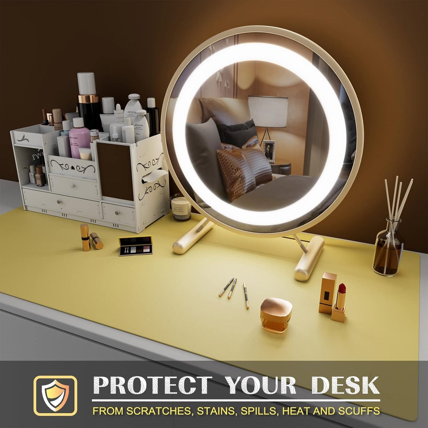 Small Office Leather Desk Mat, Mouse and Keyboard Pad, Computer and Laptop Mat, Desktop Protector and Cover, Writing Pad and Blotter (23.6"x13.8", Yellow)