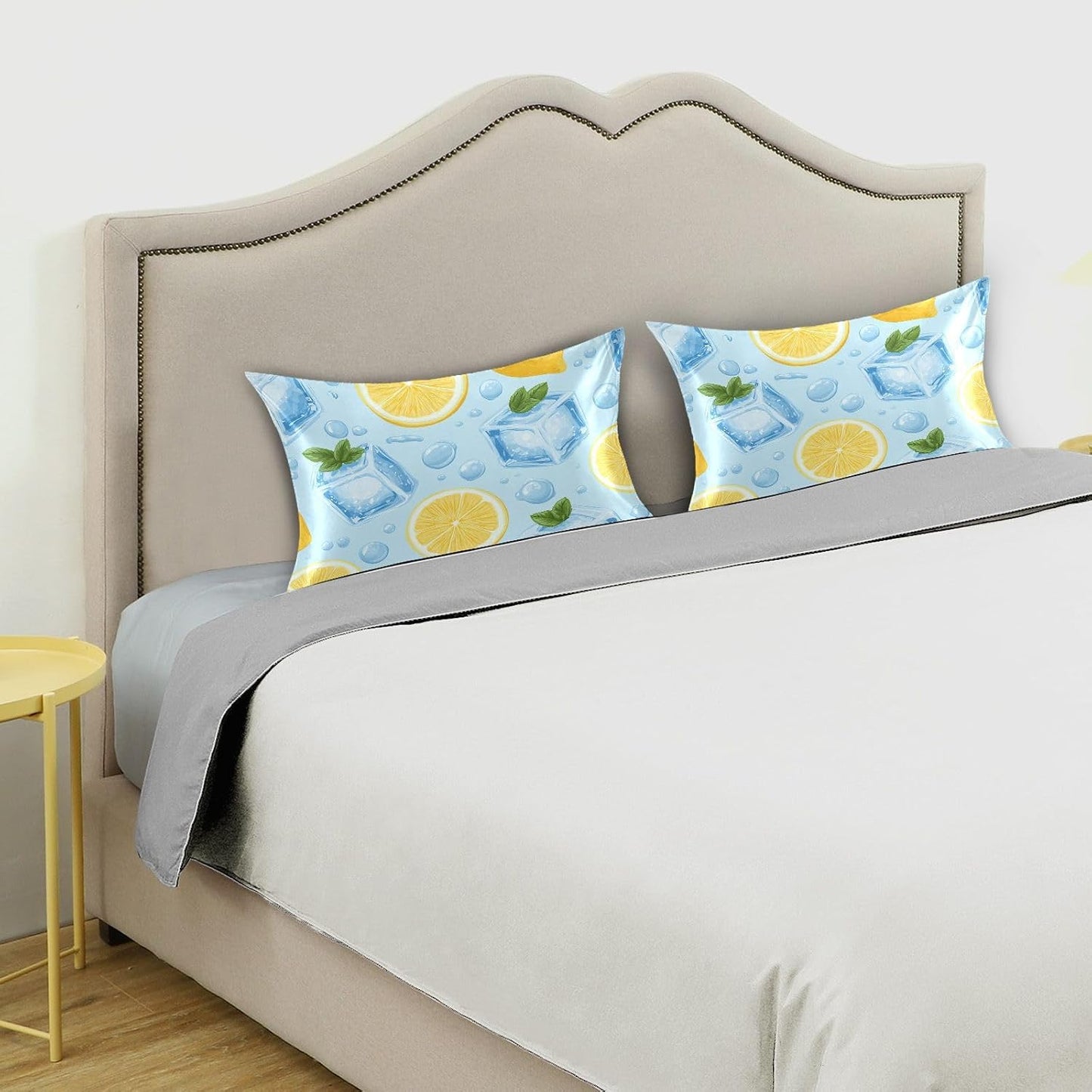 Satin Pillowcase for Hair Skin, Blue Ice Cubes Yellow Lemon Smooth Cooling Pillow Case Wrinkle Free Standard