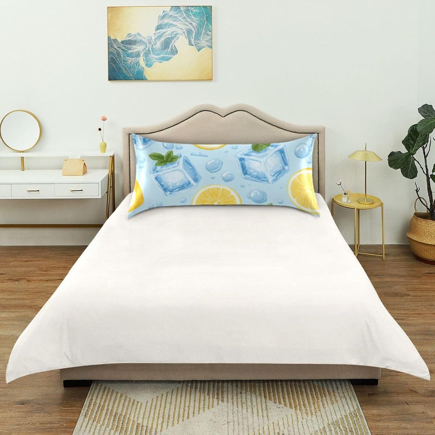 Satin Pillowcase for Hair Skin, Blue Ice Cubes Yellow Lemon Smooth Cooling Pillow Case Wrinkle Free Standard