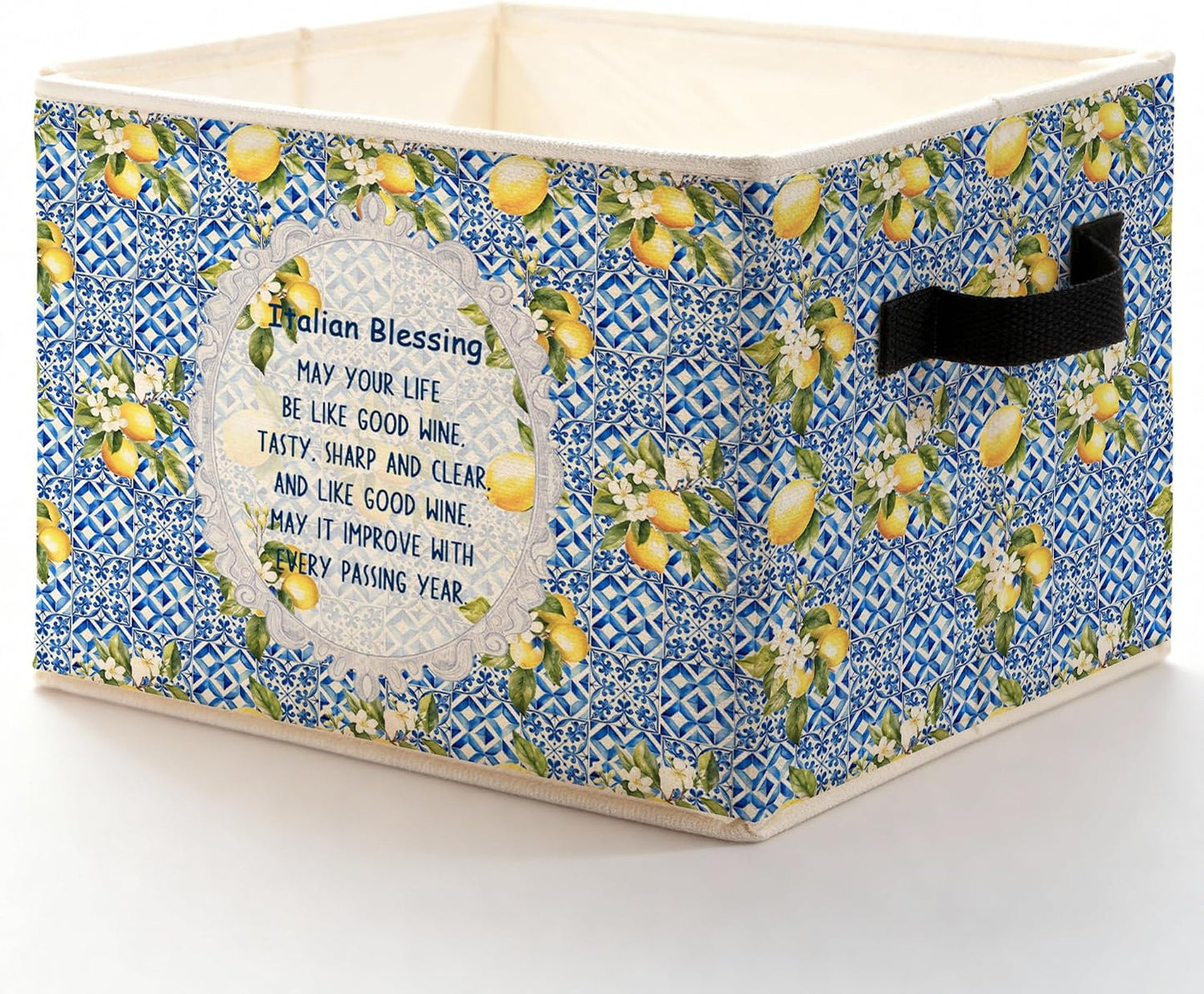 Italian Blessing Lemon Storage Bins Box, Toybox for Girls, Blue Italian Tiles Floral Lemon Foldable Baskets Organizer with Handles for Bedroom Bathroom Home Clothes Toys Books