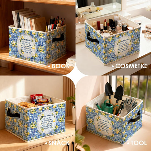 Italian Blessing Lemon Storage Bins Box, Toybox for Girls, Blue Italian Tiles Floral Lemon Foldable Baskets Organizer with Handles for Bedroom Bathroom Home Clothes Toys Books