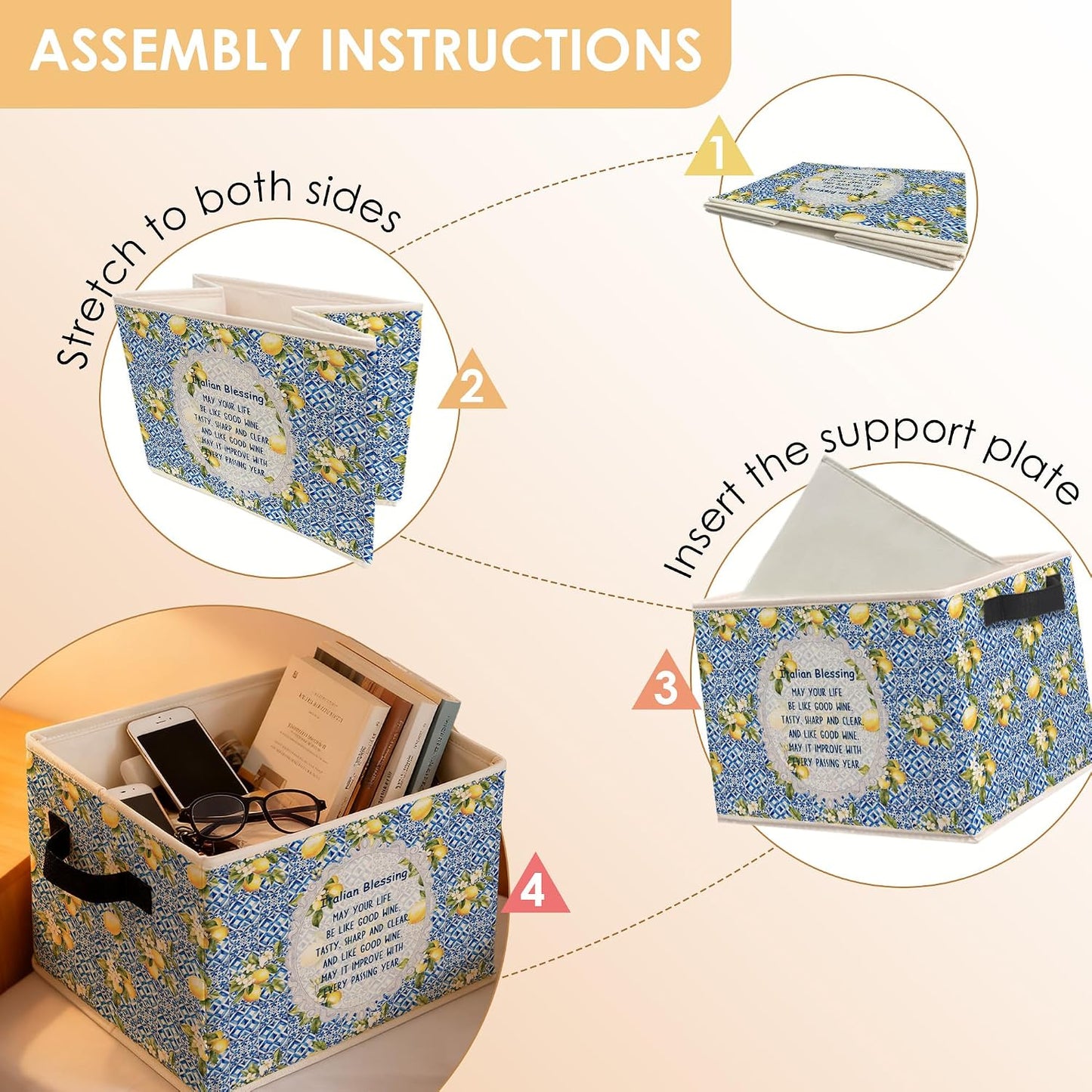 Italian Blessing Lemon Storage Bins Box, Toybox for Girls, Blue Italian Tiles Floral Lemon Foldable Baskets Organizer with Handles for Bedroom Bathroom Home Clothes Toys Books