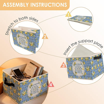 Italian Blessing Lemon Storage Bins Box, Toybox for Girls, Blue Italian Tiles Floral Lemon Foldable Baskets Organizer with Handles for Bedroom Bathroom Home Clothes Toys Books