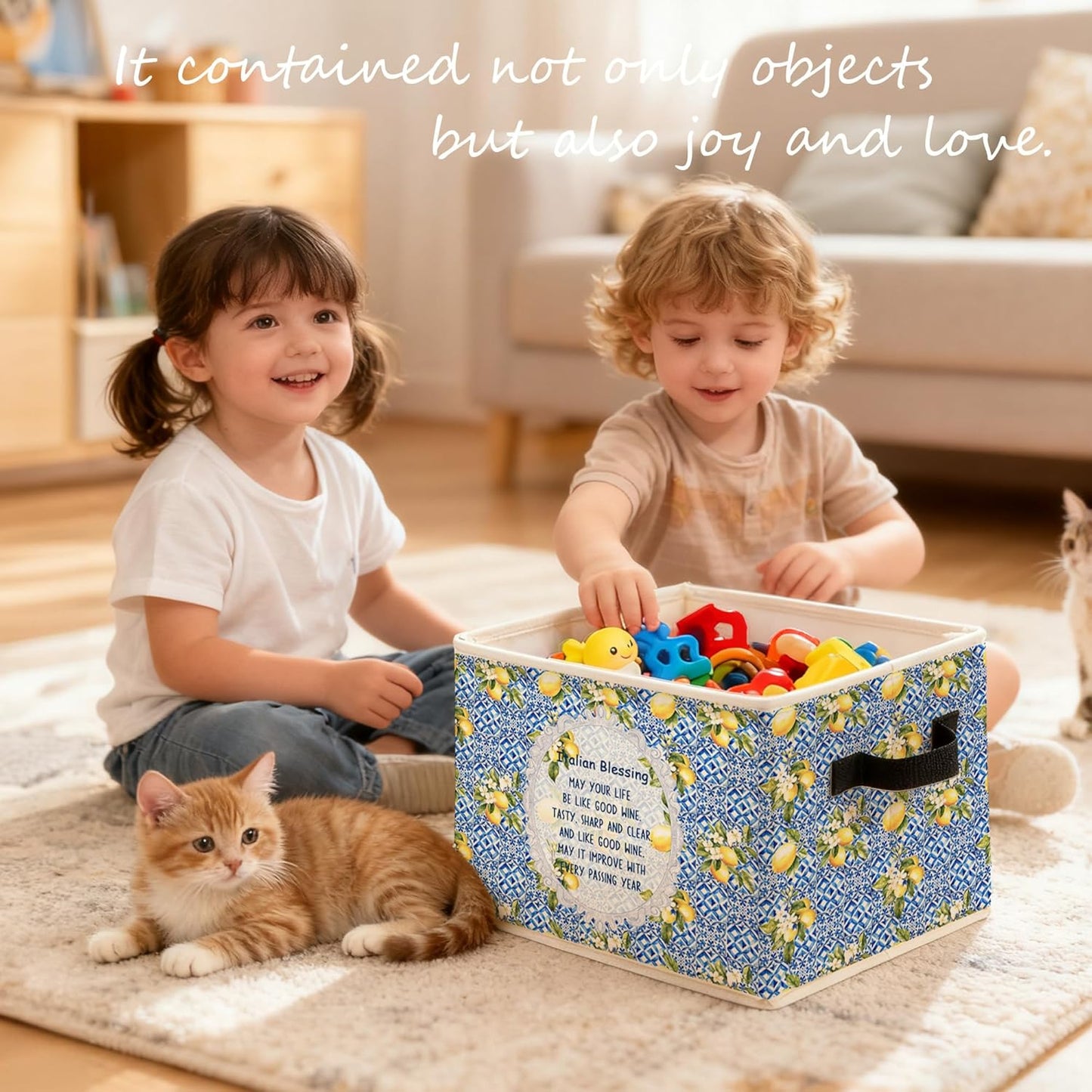 Italian Blessing Lemon Storage Bins Box, Toybox for Girls, Blue Italian Tiles Floral Lemon Foldable Baskets Organizer with Handles for Bedroom Bathroom Home Clothes Toys Books