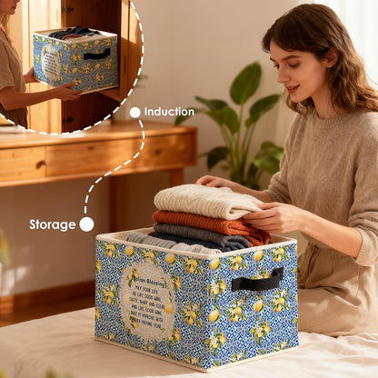 Italian Blessing Lemon Storage Bins Box, Toybox for Girls, Blue Italian Tiles Floral Lemon Foldable Baskets Organizer with Handles for Bedroom Bathroom Home Clothes Toys Books