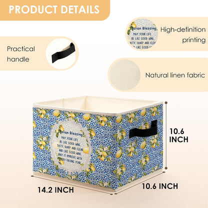 Italian Blessing Lemon Storage Bins Box, Toybox for Girls, Blue Italian Tiles Floral Lemon Foldable Baskets Organizer with Handles for Bedroom Bathroom Home Clothes Toys Books