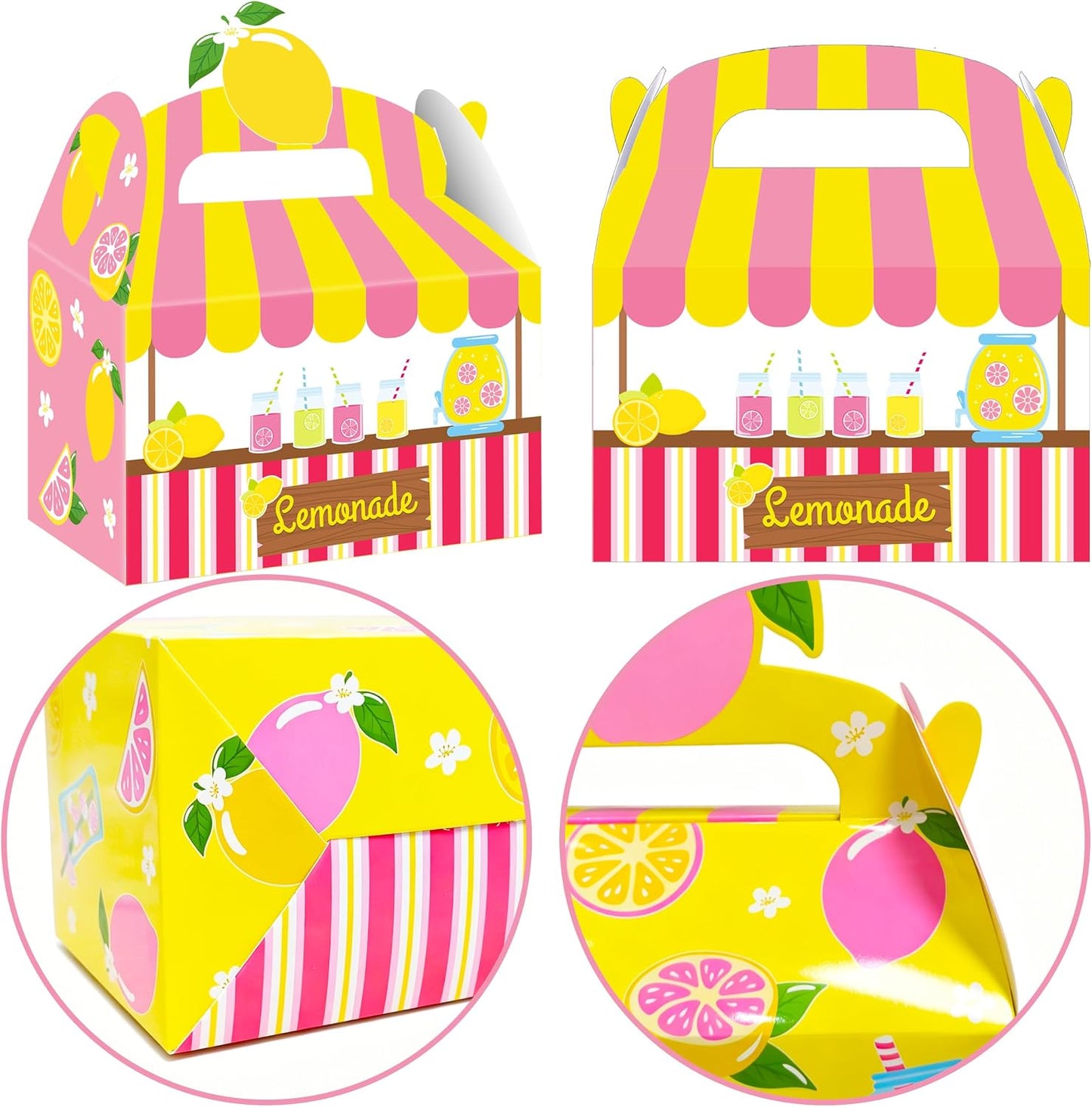 Summer Lemonade Theme Party Treat Boxes Lemon Birthday Goodie Gift Boxes | 12pcs double-sided printed lemonade stand treat boxes for summer lemon theme birthday party candy gift favors