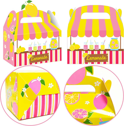 Summer Lemonade Theme Party Treat Boxes Lemon Birthday Goodie Gift Boxes | 12pcs double-sided printed lemonade stand treat boxes for summer lemon theme birthday party candy gift favors