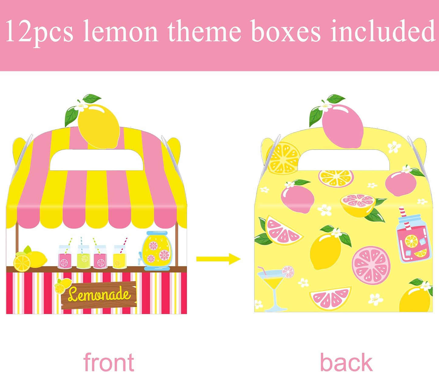 Summer Lemonade Theme Party Treat Boxes Lemon Birthday Goodie Gift Boxes | 12pcs double-sided printed lemonade stand treat boxes for summer lemon theme birthday party candy gift favors