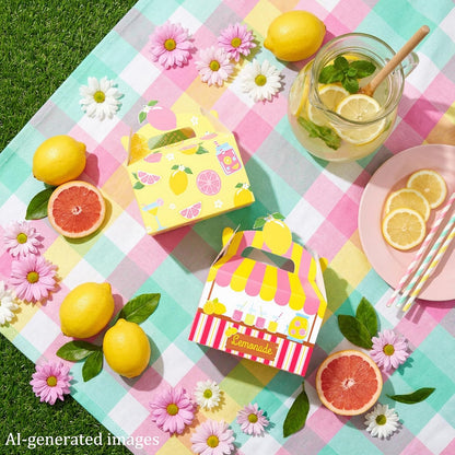 Summer Lemonade Theme Party Treat Boxes Lemon Birthday Goodie Gift Boxes | 12pcs double-sided printed lemonade stand treat boxes for summer lemon theme birthday party candy gift favors